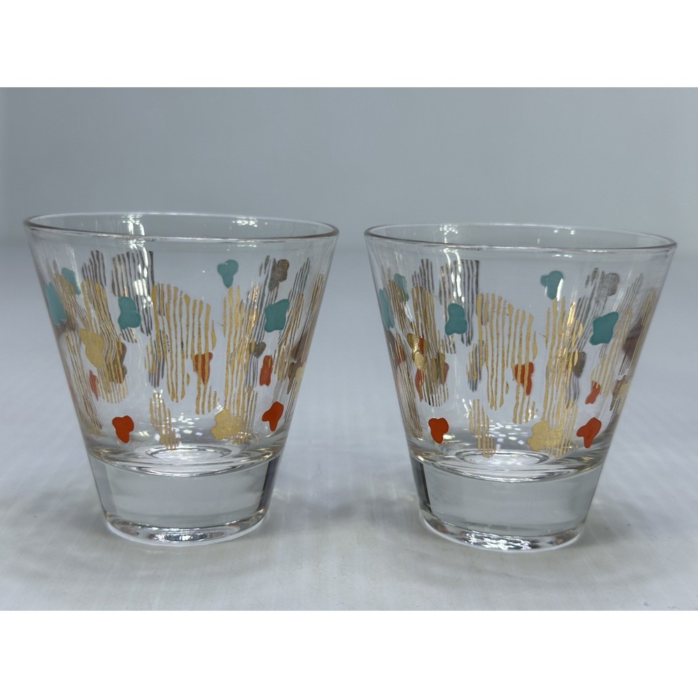 2 Vintage‎ Mid Century Modern Geometric Shot Glass Amoeba Aqua Red Gold Atomic